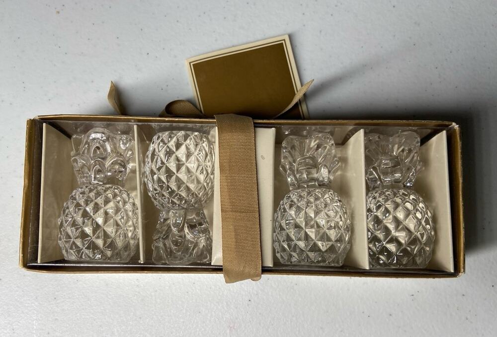 Williams Sonoma Set of 4 Glass Pineapple Tiny Tapers Candle Holders & Candles